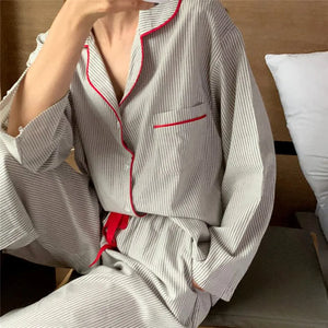 Loose Striped Pajamas Women's Pinstriped Lace Up Pants Long Sleeve Top Casual Cotton Japanese Style Pajamas 2pcs