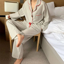 Load image into Gallery viewer, Loose Striped Pajamas Women&#39;s Pinstriped Lace Up Pants Long Sleeve Top Casual Cotton Japanese Style Pajamas 2pcs
