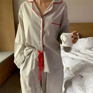 Loose Striped Pajamas Women's Pinstriped Lace Up Pants Long Sleeve Top Casual Cotton Japanese Style Pajamas 2pcs