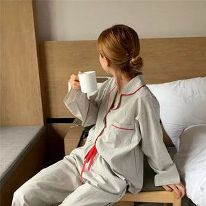 Loose Striped Pajamas Women's Pinstriped Lace Up Pants Long Sleeve Top Casual Cotton Japanese Style Pajamas 2pcs