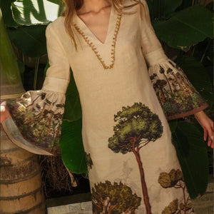 Summer  Vintage Trees Long Dress Summer Flare Sleeve Boho Maxi Dress