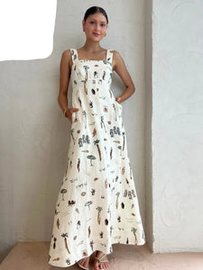 Dress Summer New Graffiti Square Neck Sleeveless Casual Loose  Dress