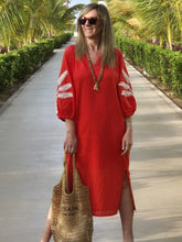 Load image into Gallery viewer, Embroidery red Long Dress Lantern Sleeve
