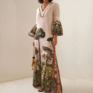 Summer  Vintage Trees Long Dress Summer Flare Sleeve Boho Maxi Dress