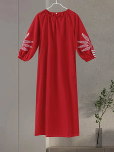Embroidery red Long Dress Lantern Sleeve