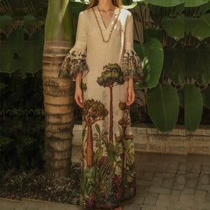 Summer  Vintage Trees Long Dress Summer Flare Sleeve Boho Maxi Dress