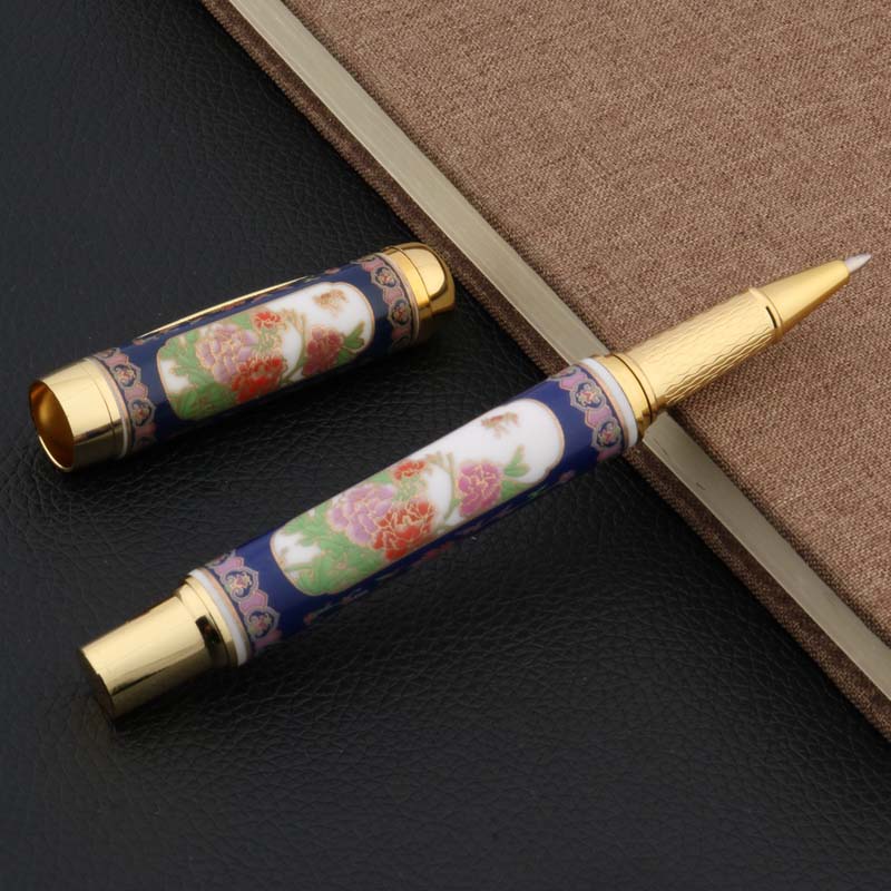 Chinese Cloisonne Porcelain Penoy Flower Golden gift Trim Roller ball Pen
