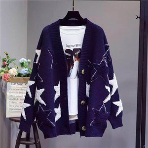 Top women's knitted jacket cardigans 2021 autumn winter new loose and versatile stitching star mid-length sweater cardigan